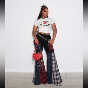 Patchwork Plaid Flare Jeans - Black with Red & Multicolor Plaid